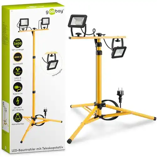 Goobay 57845 LED Baustrahler auf Teleskopstativ 2 x 20W, 3400lm