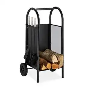 Kaminholzwagen mit Besteck aus Stahl für Brennholz und Kaminzubehör