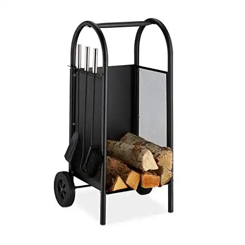 Kaminholzwagen mit Besteck aus Stahl für Brennholz und Kaminzubehör