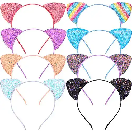 Katzenohren Stirnband Set mit 8 Glitzer-Haarreifen