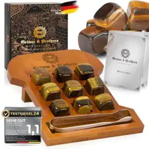 Whisky Steine Set Grimm & Brothers mit Tigeraugen und Bambusgestell