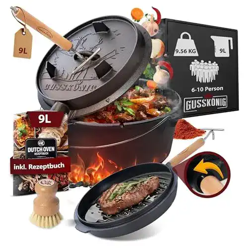 Dutch Oven Gusskönig Set 9 Liter – Eingebrannter Feuertopf aus Gusseisen