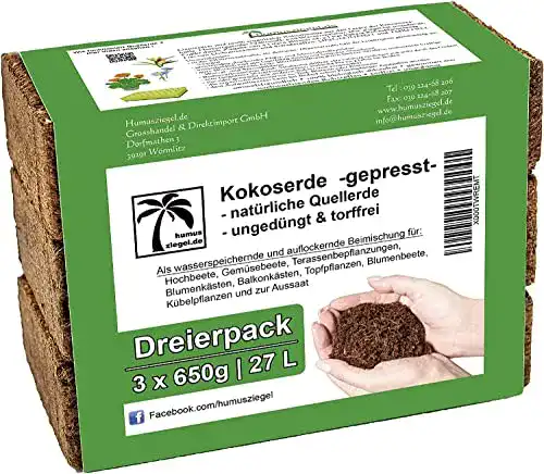Kokoserde Humusziegel für Hochbeet und Aussaaterde 27 L, 3 x 650 g