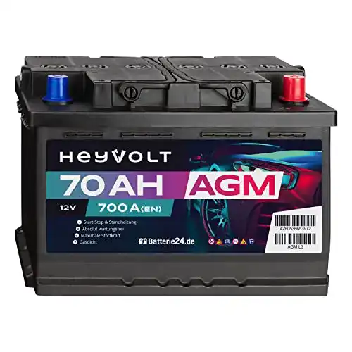 HeyVolt AGM Autobatterie 70Ah 12V für Start-Stop-Systeme
