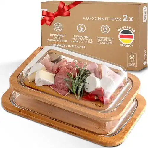 Aufschnittbox Exitoso Servierbrett Holz für Kühlschrank Glas 2er Set