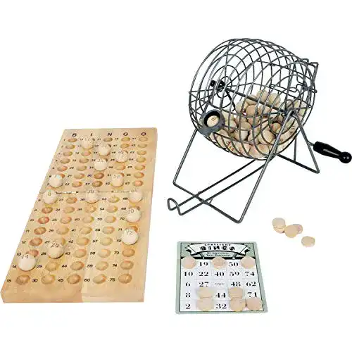 Bingo-Spiel mit Lostrommel aus Metall und Holzspielkarten für Kinder ab 5 Jahren