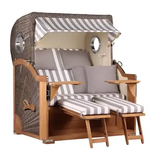 Strandkorb Baltikum 2,5-Sitzer aus Teak mit PE Geflecht in Grau