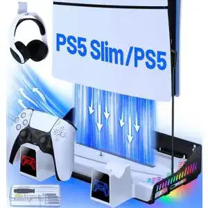 PS5 Wandhalterung mit Lüfter und Ladefunktion für PS5 Slim und PS5 Konsolen