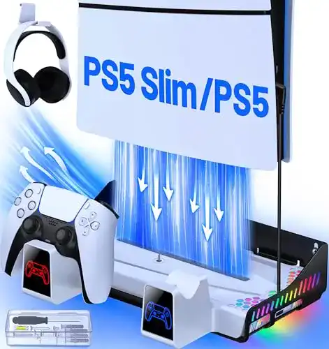 PS5 Wandhalterung mit Lüfter und Ladefunktion für PS5 Slim und PS5 Konsolen