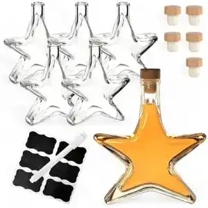 Gouveo 6er Set Likörflaschen aus Glas mit 200 ml und Sternmotiv