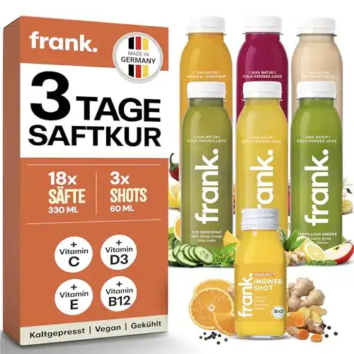 Saftkur für 3 Tage von Frank Juice, 18 x 330ml Säfte und 3 x 60ml Bio Ingwer