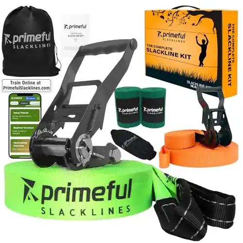 Slackline Primeful Set 18,5m – Komplettset mit Hilfsseil und Zubehör