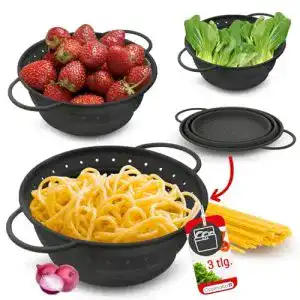 Nudelsieb Coolinato Faltbares Silikonsieb 3er Set 16/20/24 cm Grau