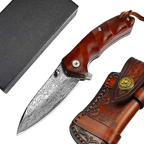 Damast-Taschenmesser Aubey mit VG10-Klinge und Holzgriff
