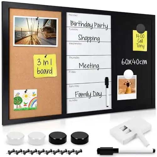 Navaris Kombitafel 3in1 60x40cm, Kreidetafel mit Kork und Whiteboard