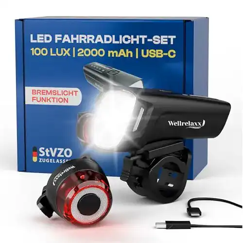 Fahrradlampe Wellrelaxx LED Set USB aufladbar mit 100 LUX Beleuchtung
