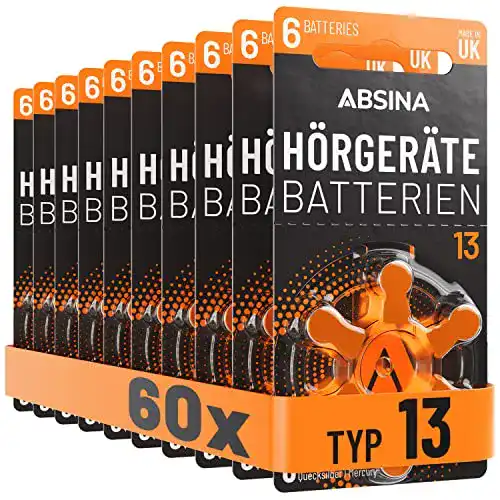 Absina Hörgerätebatterien Typ 13 – 60 Stück mit Schutzfolie