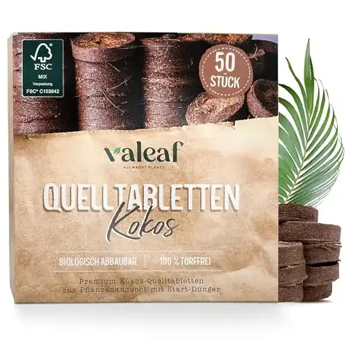 Quelltabletten Valeaf Kokos, 50 Stück – Torffreie Anzuchterde für Pflanzen