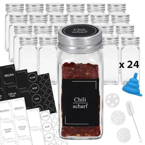 Gewürzgläser von VonBueren eckig, Set mit 24 Glasbehältern à 120 ml
