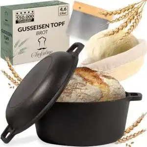 Gusseisen-Topf 24 cm und 26 cm mit Gärkorb und Teigschaber