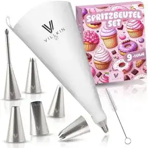 Spritztüllen Set Villkin 9-teilig mit Edelstahl Tüllen und Spritzbeutel