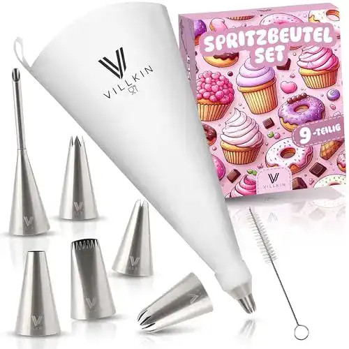 Spritztüllen Set Villkin 9-teilig mit Edelstahl Tüllen und Spritzbeutel