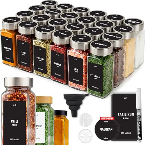 Gewürzgläser Deco Haus eckig luftdicht 24er Set mit Etiketten