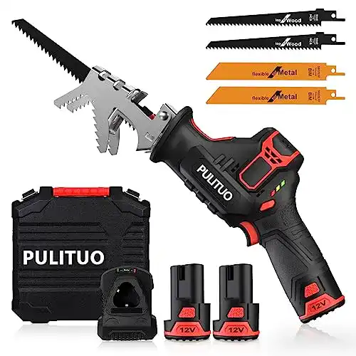 Akku-Säbelsäge PULITUO 12V mit 2×2.0Ah Batterien und 4 Klingen