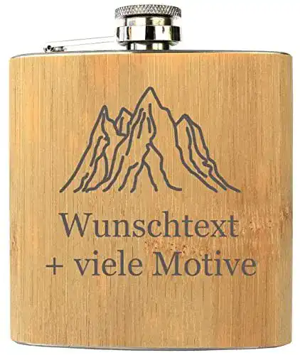 Flachmann mit Gravur aus Edelstahl und Bambus, personalisiertes Geschenk