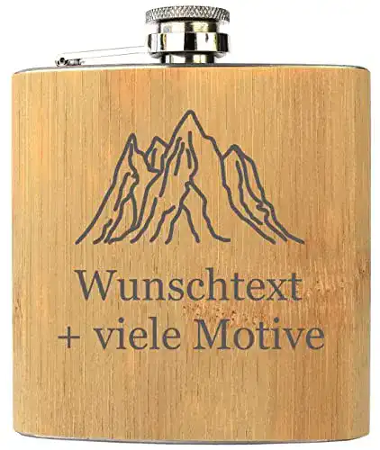 Flachmann mit Gravur aus Edelstahl und Bambus, personalisiertes Geschenk