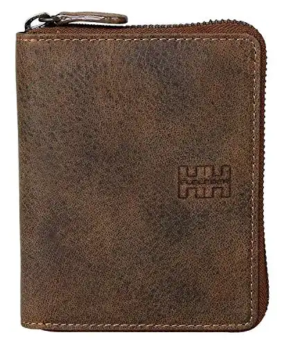 Geldbörse aus Leder mit Reißverschluss und RFID-Schutz in Braun