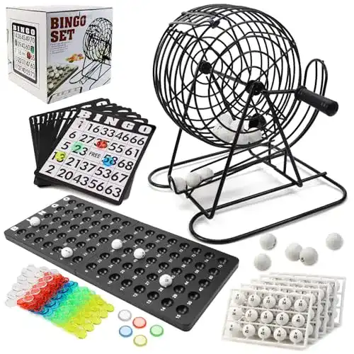 Bingo Spiel Set mit Metalltrommel, 18 Tickets, 75 Kugeln und Zubehör
