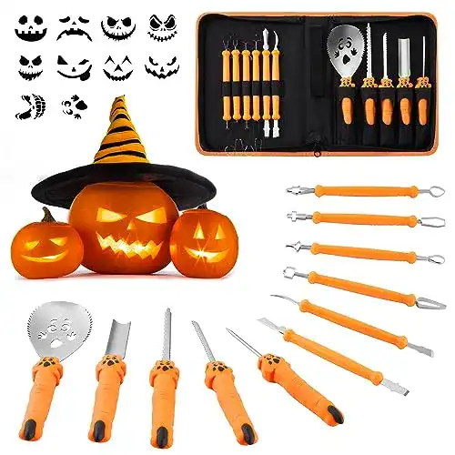 Kürbis Schnitzset Cooluck mit 11 Teilen und Vorlagen für Halloween