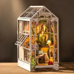Book Nook Robotime DIY Kit Gartenhaus mit Möbeln und LED Lampe
