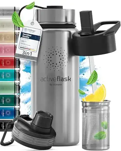 Thermo Trinkflasche BeMaxx Edelstahl ACTIVE FLASK mit 3 Deckeln