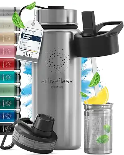 Thermo Trinkflasche BeMaxx Edelstahl ACTIVE FLASK mit 3 Deckeln
