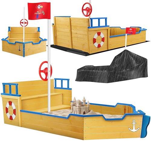 Sandkasten Kidiz Ahoi Piratenschiff aus Holz mit Abdeckung und Zubehör