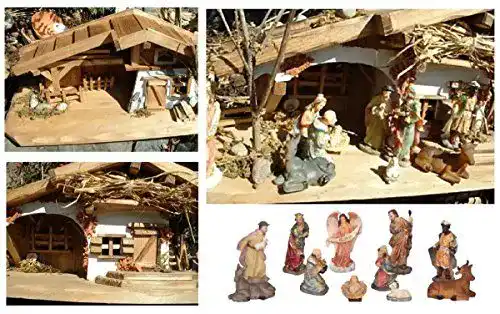 Weihnachtskrippe Holzhaus mit 11 Figuren 30 cm