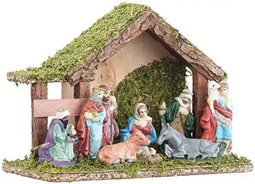 Weihnachtskrippe aus Holz mit Figuren, klassisch und handgefertigt