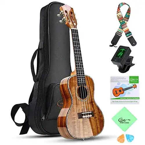 Konzert-Ukulele Hricane aus Koa und Akazie mit Tasche