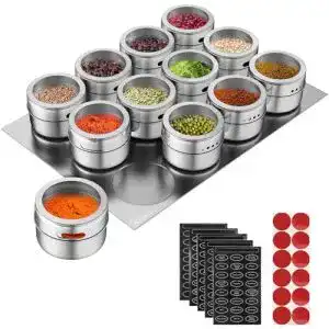 Magnetische Gewürzdosen Set aus Edelstahl mit 12 Dosen und Aufklebern