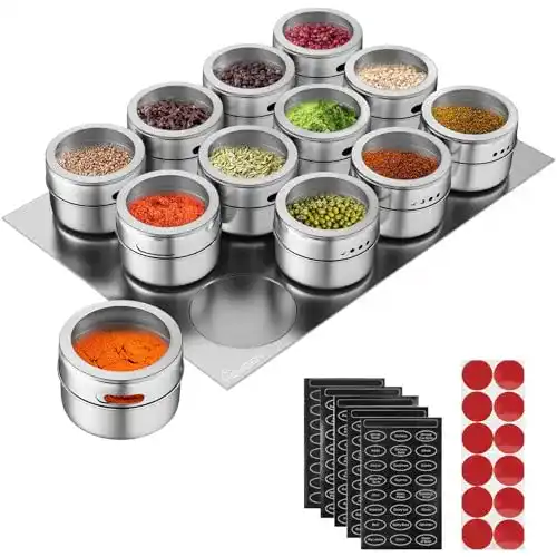 Magnetische Gewürzdosen Set aus Edelstahl mit 12 Dosen und Aufklebern