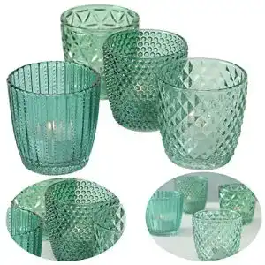 Kerzenglas LS-Lebenstil 4er Set Teelichthalter Retro Petrol Türkis