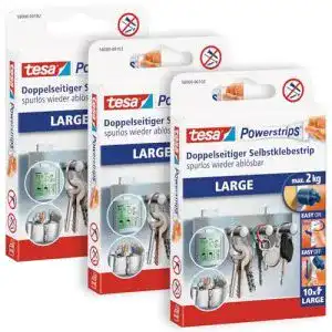 Tesa Powerstrips Large 3er Pack – Doppelseitige Klebestreifen für glatte Oberflächen