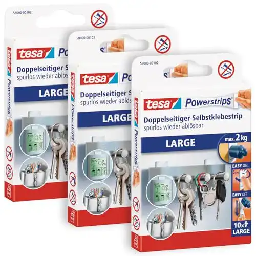 Tesa Powerstrips Large 3er Pack – Doppelseitige Klebestreifen für glatte Oberflächen