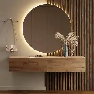 Flurgarderobe Planetmöbel 160 cm mit rundem Spiegel und Beleuchtung