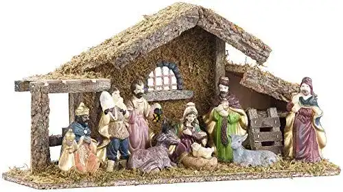 Weihnachtskrippe Britesta aus Holz mit Porzellanfiguren groß