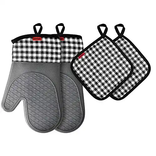 Ofenhandschuhe Ankway Set mit Silikon und Baumwolle, 1 Paar Backhandschuhe und 2 Topflappen