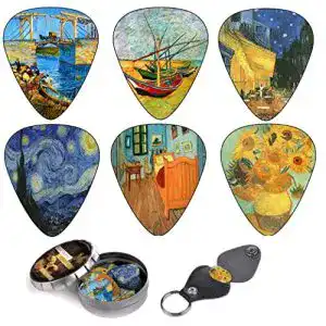 Gitarrenplektren Set mit Van Gogh Designs und Lederschlüsselanhänger