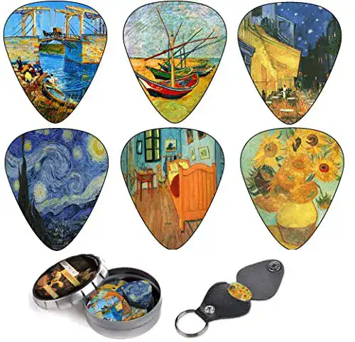 Gitarrenplektren Set mit Van Gogh Designs und Lederschlüsselanhänger